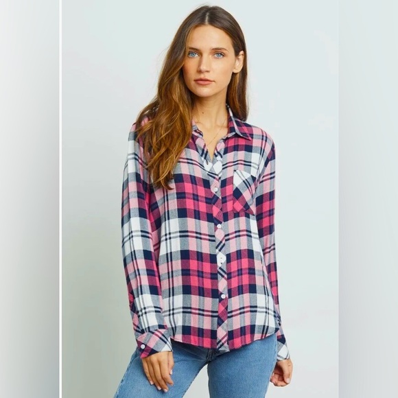 Rails Hunter Plaid Button Front Flannel Shirt Mulberry Pink White Indigo Size: M - Picture 1 of 7